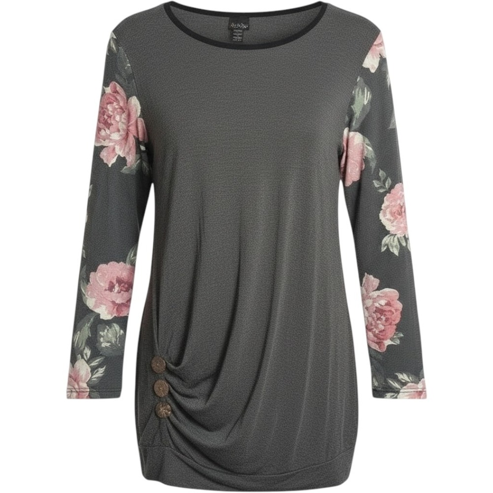 Casa Lee Tunic Top Women Gray Floral Ruched Side Button Long Sleeve Fall Boho M